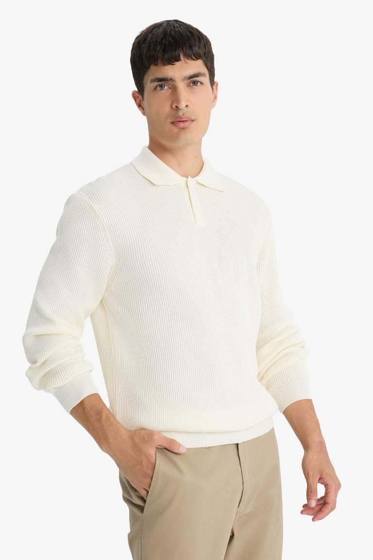 Standart Fit Polo Yaka Düğmeli Triko Kazak