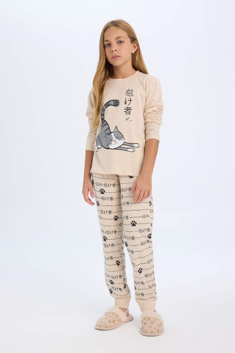 Girl Long Sleeve Cat Printed 2 Piece Pajama Set