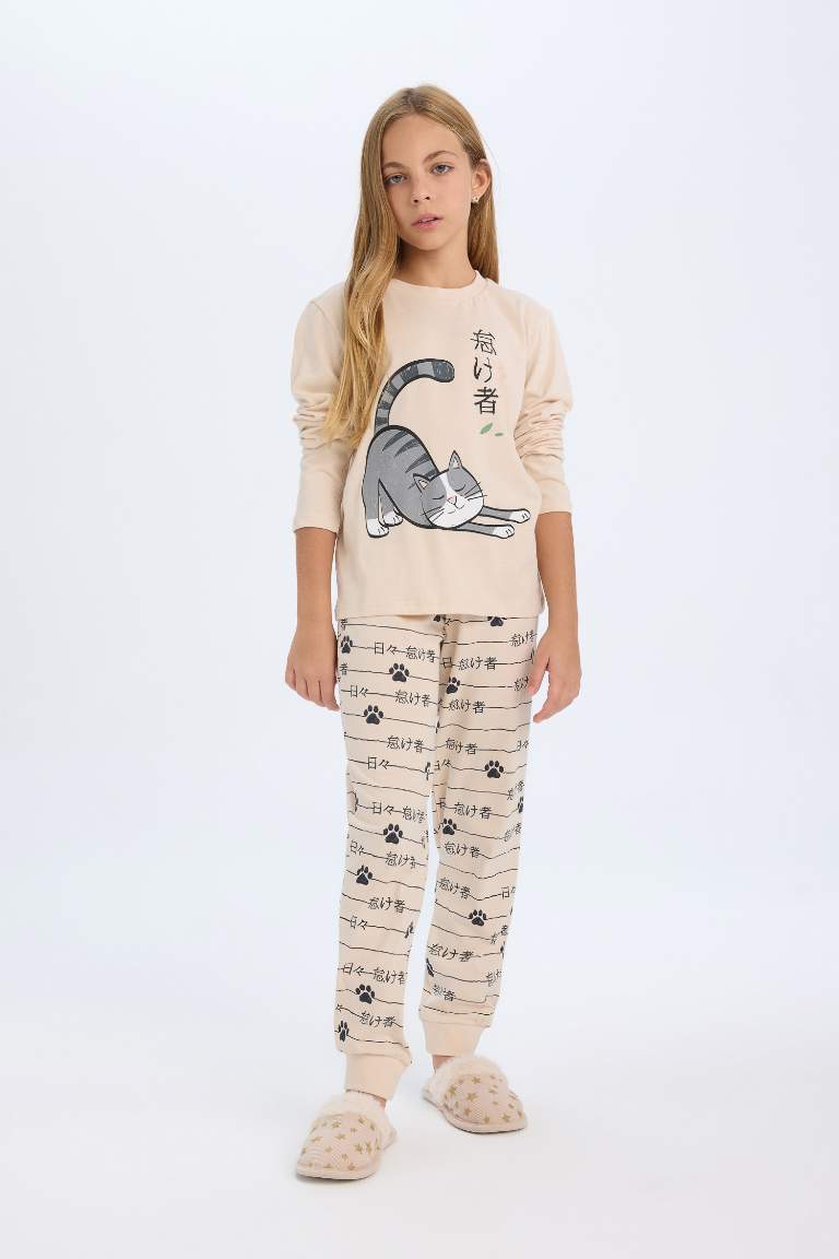 Girl Long Sleeve Cat Printed 2 Piece Pajama Set