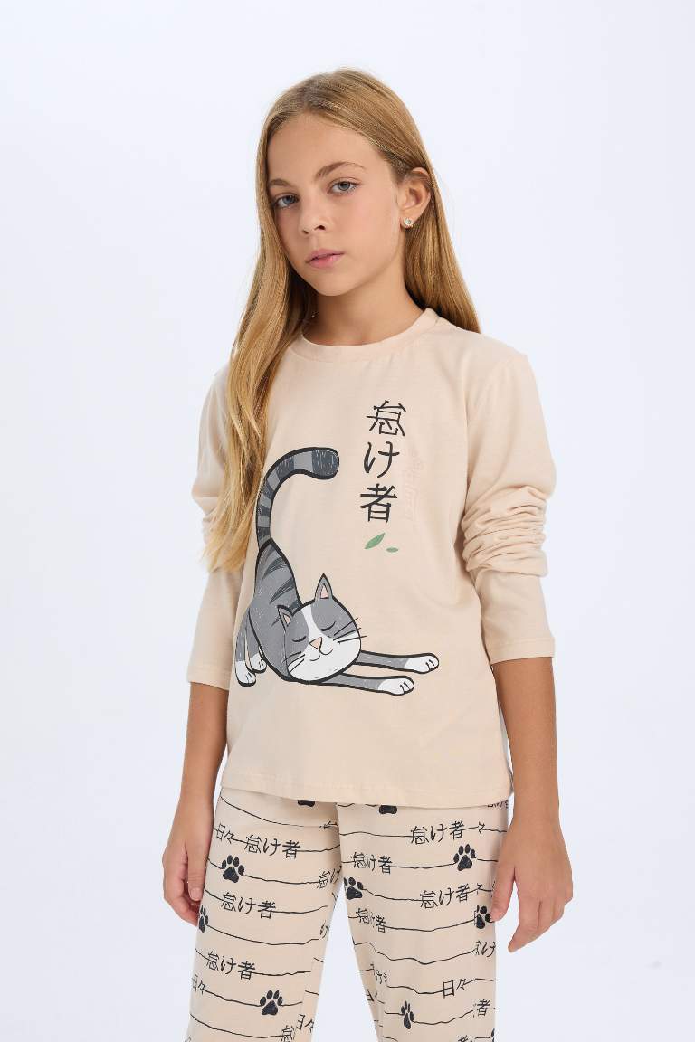 Girl Long Sleeve Cat Printed 2 Piece Pajama Set