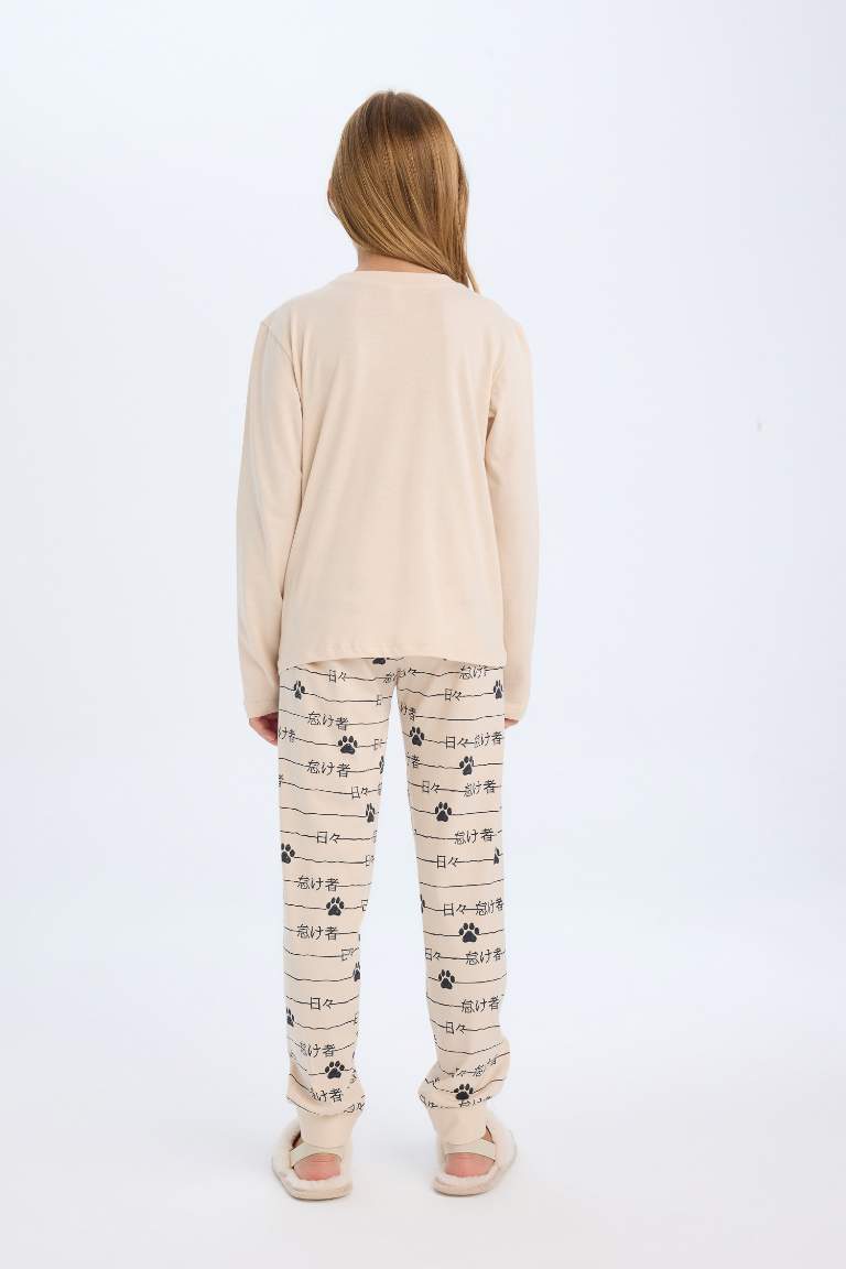 Girl Long Sleeve Cat Printed 2 Piece Pajama Set