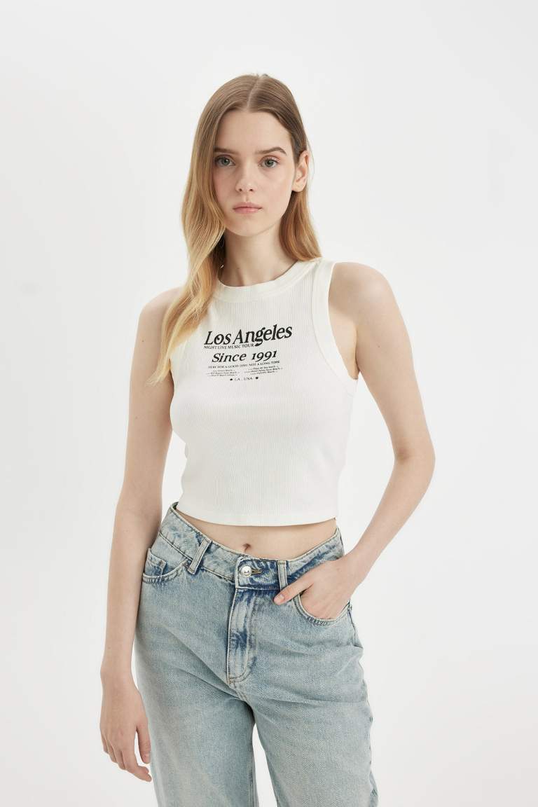 Fitted Printed Crew Neck Ribbed Camisole Crop Top