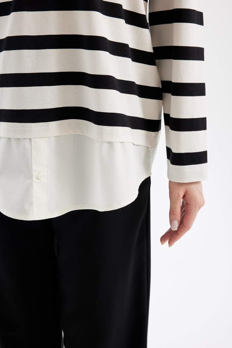 Regular Fit Çizgili Polo Yaka Etek Ucu Detaylı Uzun Kollu Tişört Tunik