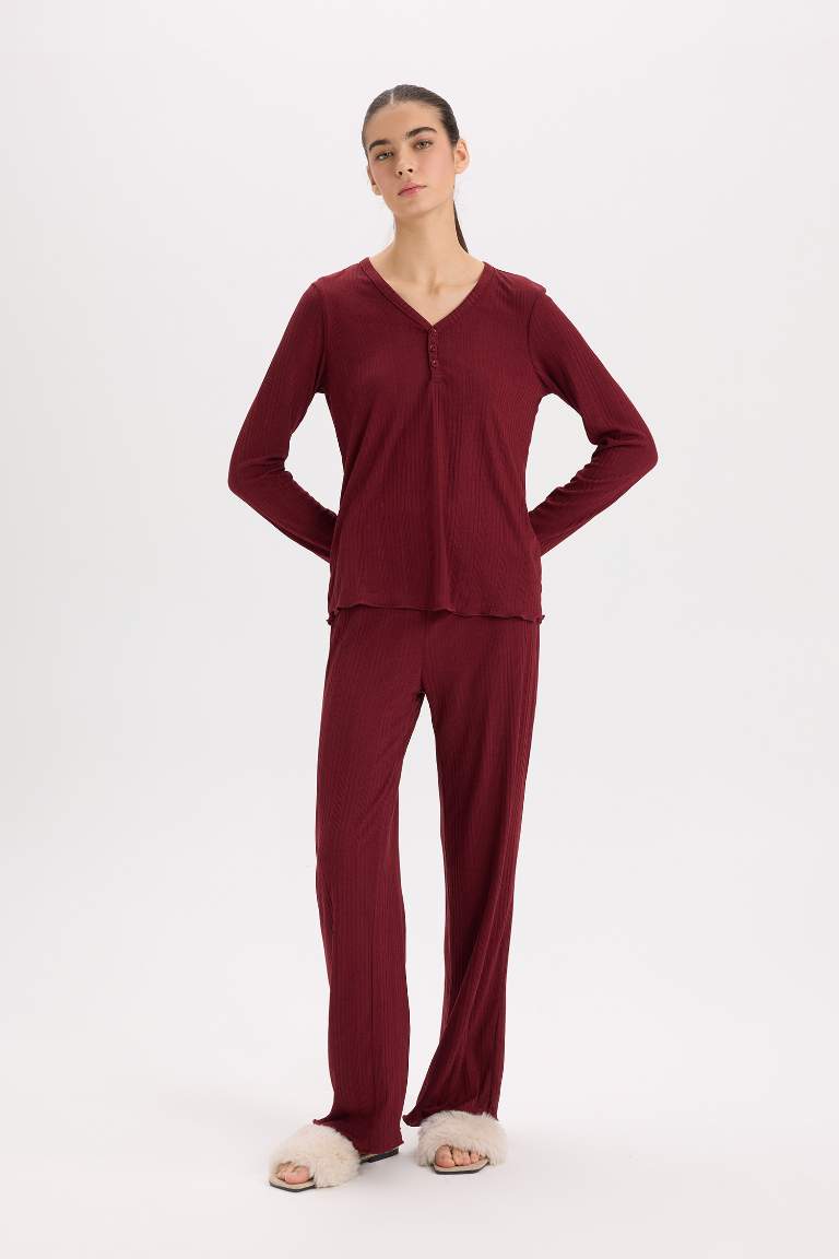 Fall in Love V-Neck Ribbed Top Bottom 2 Piece Pajama Set