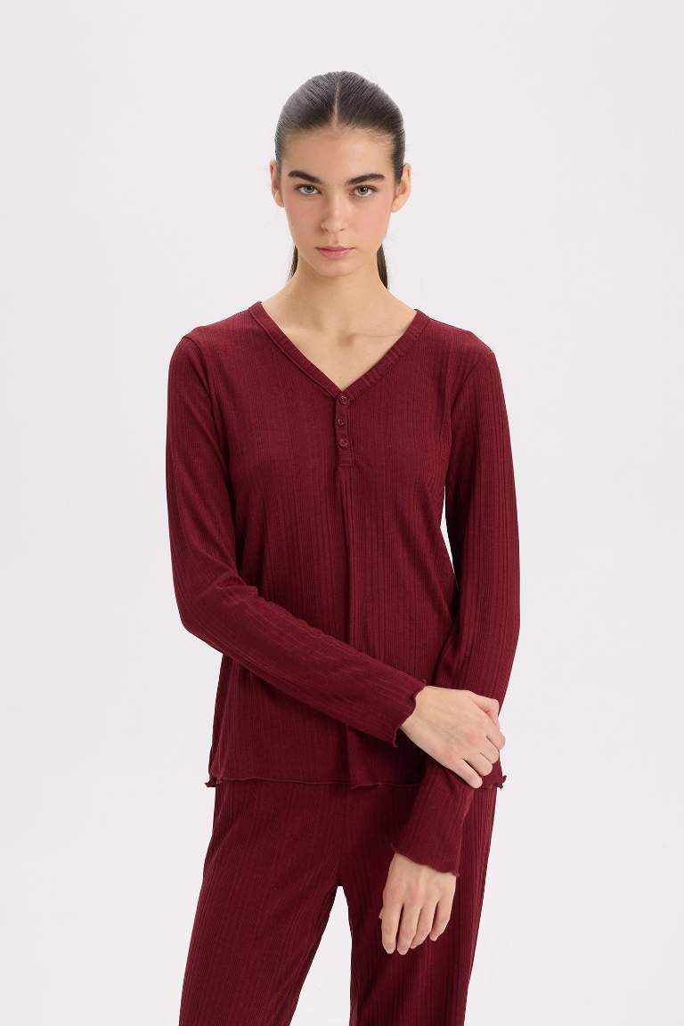 Ensemble Pyjama Top boutonné a col en V et Bas long à taille élastique