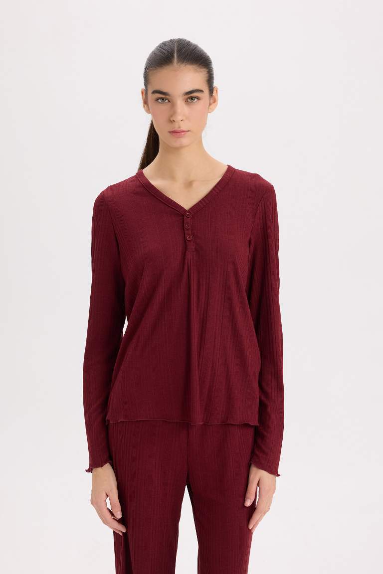 Ensemble Pyjama Top boutonné a col en V et Bas long à taille élastique