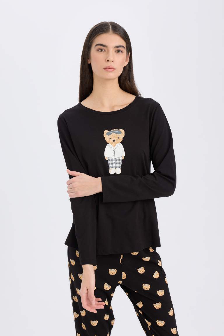 Fall in Love Pijama Takımı Regular Fit Bisiklet Yaka Baskılı Uzun Kollu Üst Uzun Alt