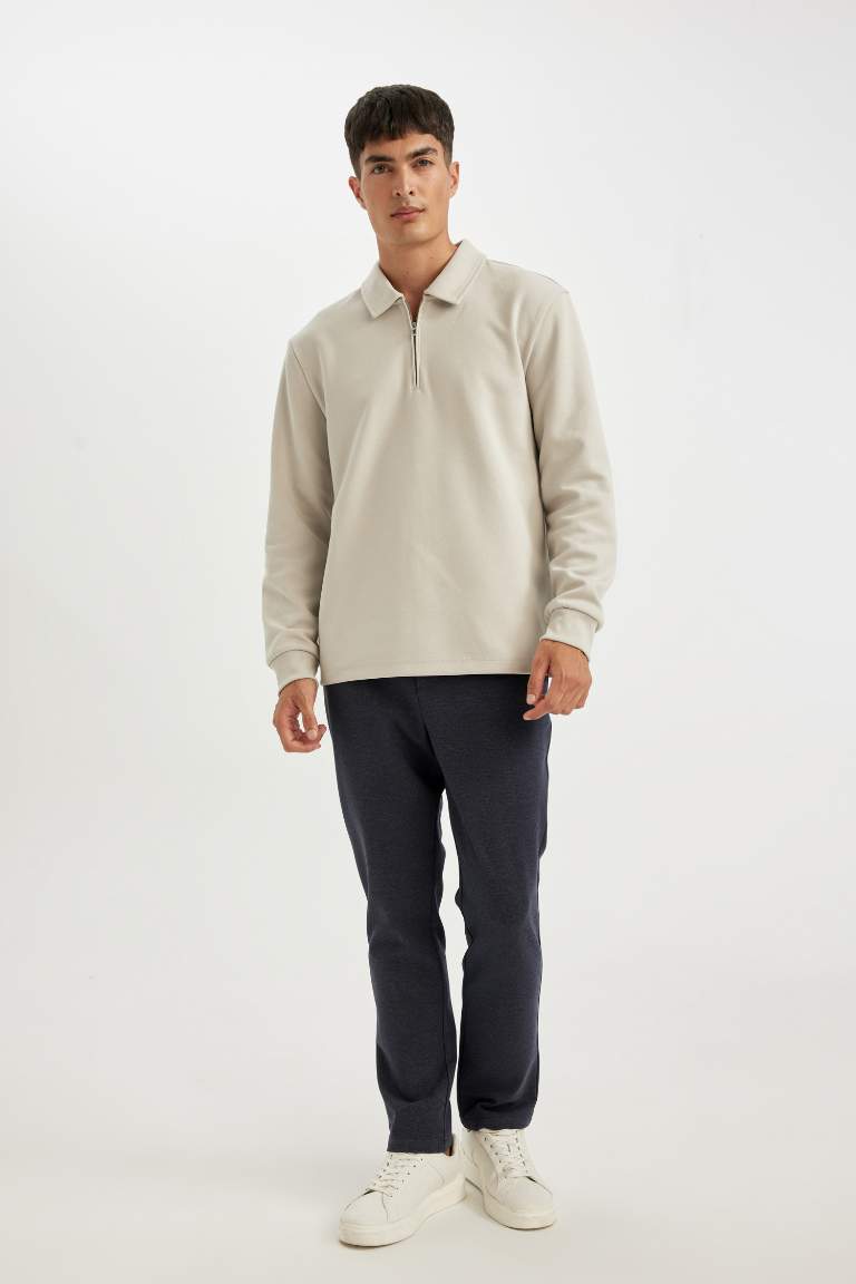 Sweatshirt Basique à Col Polo zippé Coupe Régulière