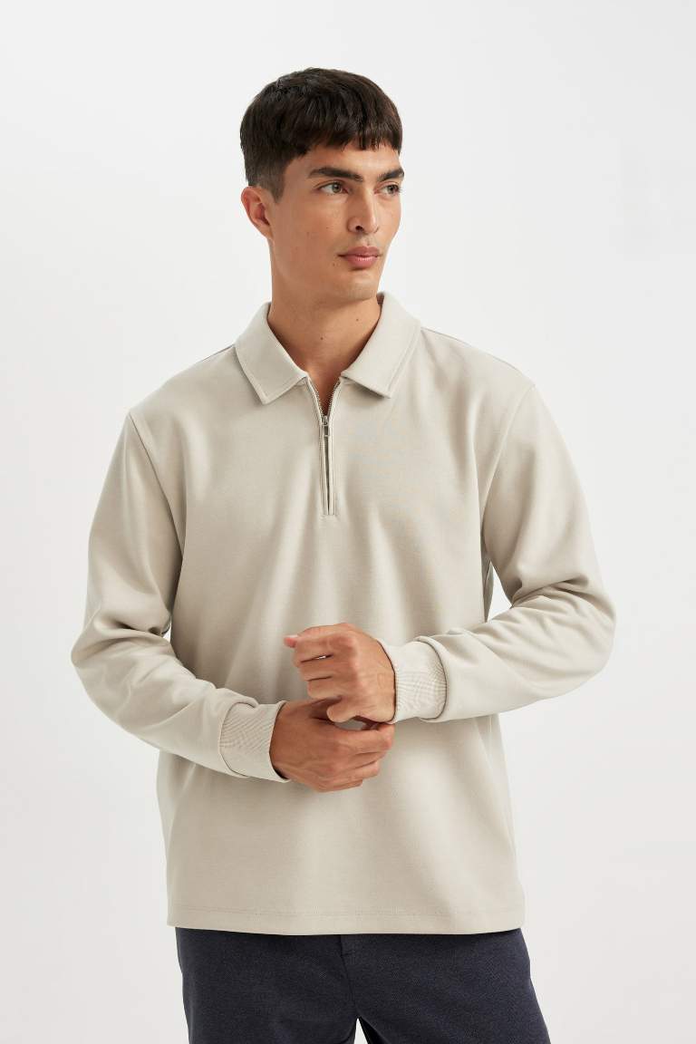 Sweatshirt Basique à Col Polo zippé Coupe Régulière