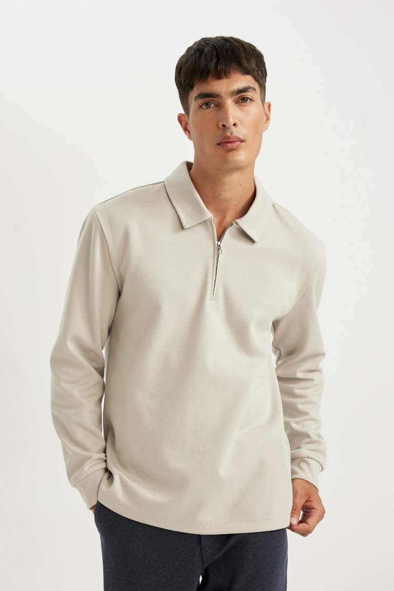 Regular Fit Polo Collar Half Zipper Basic Sweatshirt