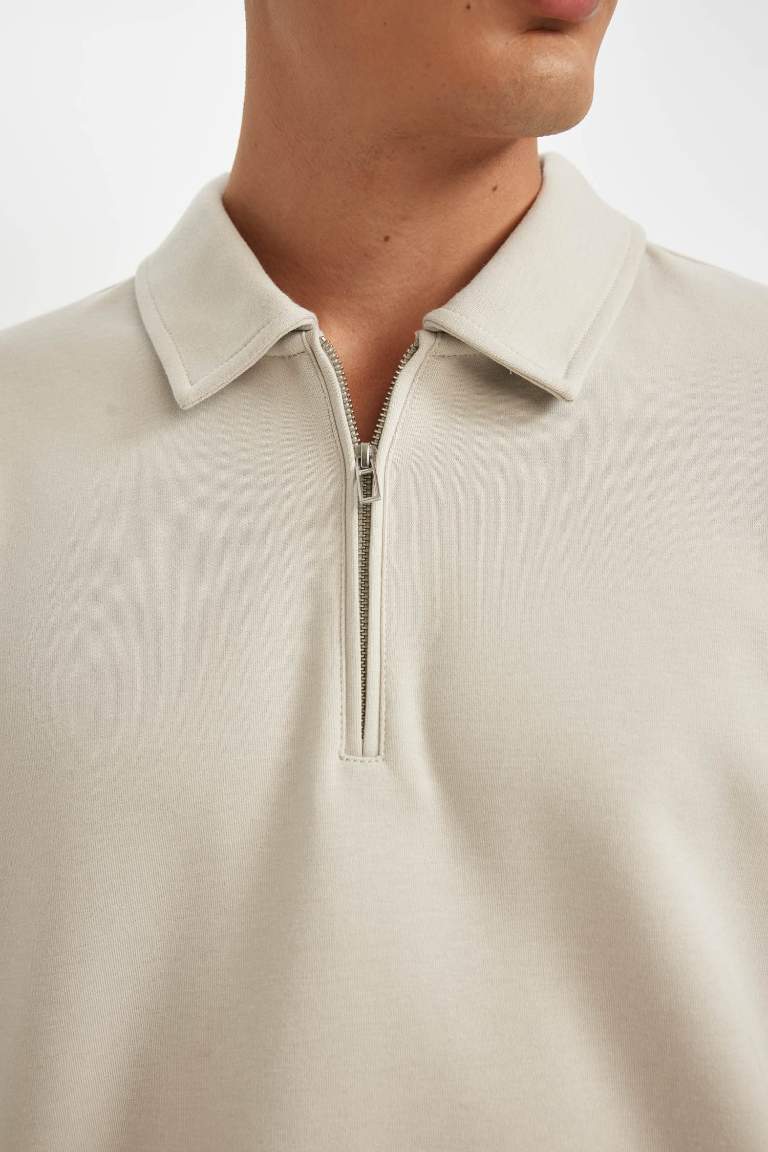 Regular Fit Polo Collar Half Zipper Basic Sweatshirt