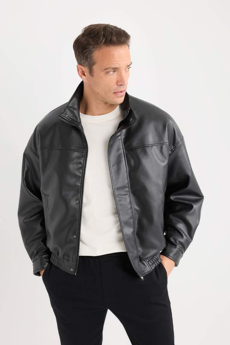 Water Repellent Oversize Fit Faux Leather Jacket