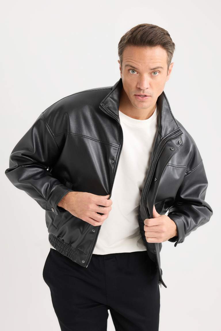 Water Repellent Oversize Fit Faux Leather Jacket