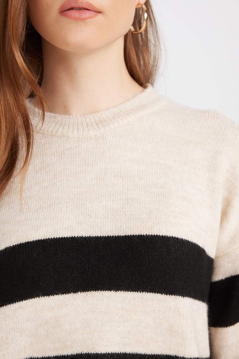 Regular Fit Crew Neck Buttoned Striped Knitted Pullover