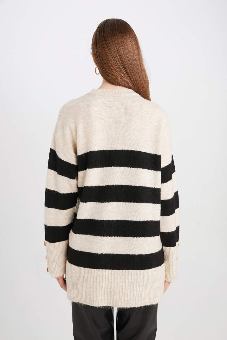 Regular Fit Crew Neck Buttoned Striped Knitted Pullover