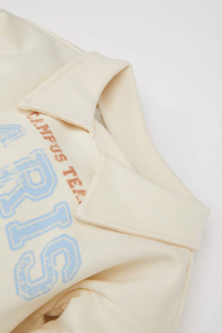Kız Bebek Polo Yaka Baskılı Eteği Çiçek Desenli Uzun Kollu Sweatshirt Elbise