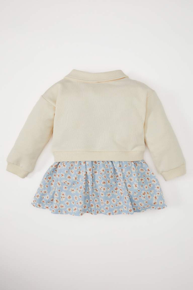 Kız Bebek Polo Yaka Baskılı Eteği Çiçek Desenli Uzun Kollu Sweatshirt Elbise