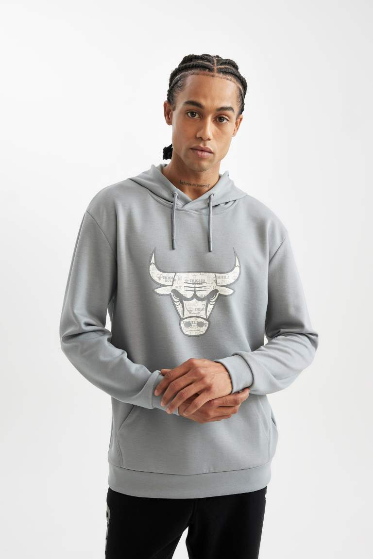 DeFactoFit NBA Chicago Bulls Standart Fit Kapüşonlu Skuba Dalgıç Kumaş Sweatshirt