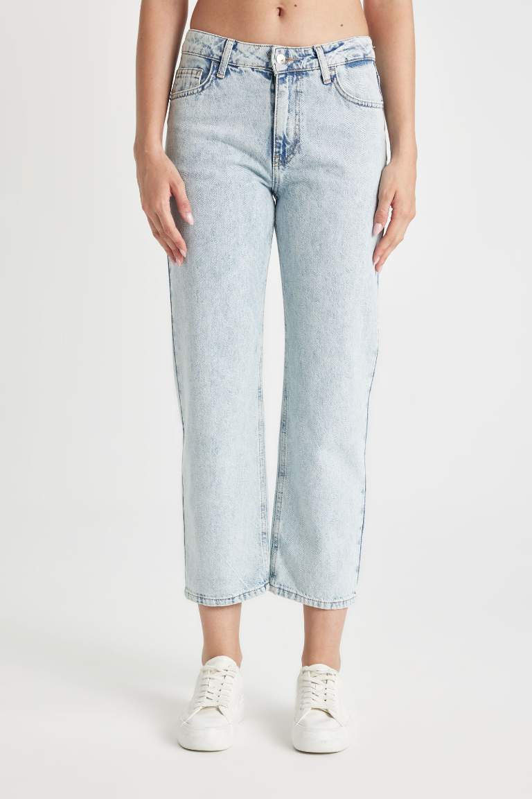 Straight Fit Normal Bel Bilek Boy Jean Yıkamalı Pantolon