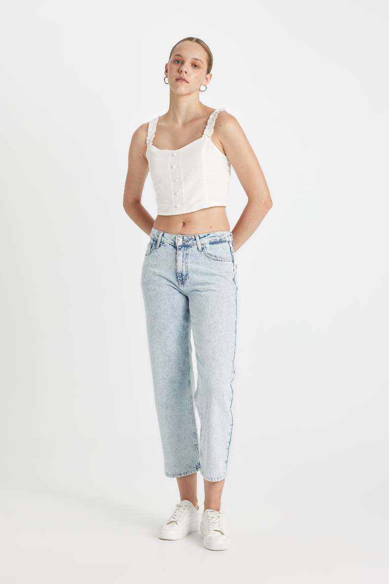 Straight Fit Normal Bel Bilek Boy Jean Yıkamalı Pantolon