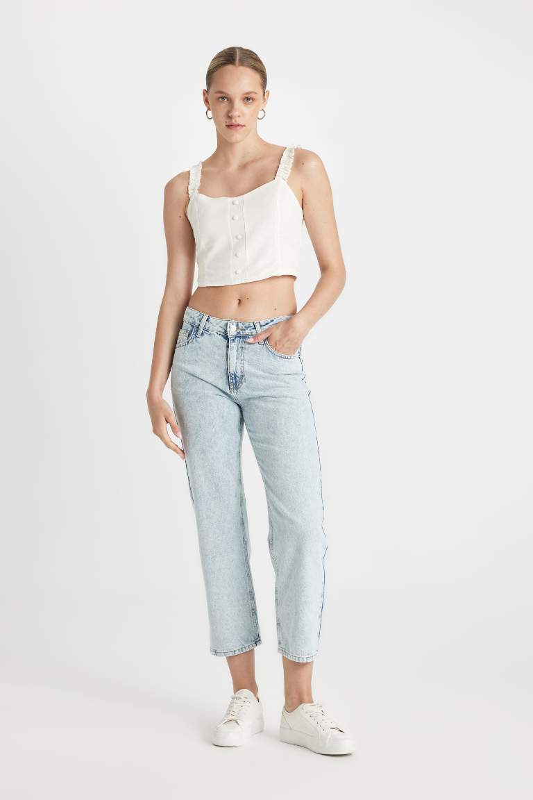 Straight Fit Normal Bel Bilek Boy Jean Yıkamalı Pantolon