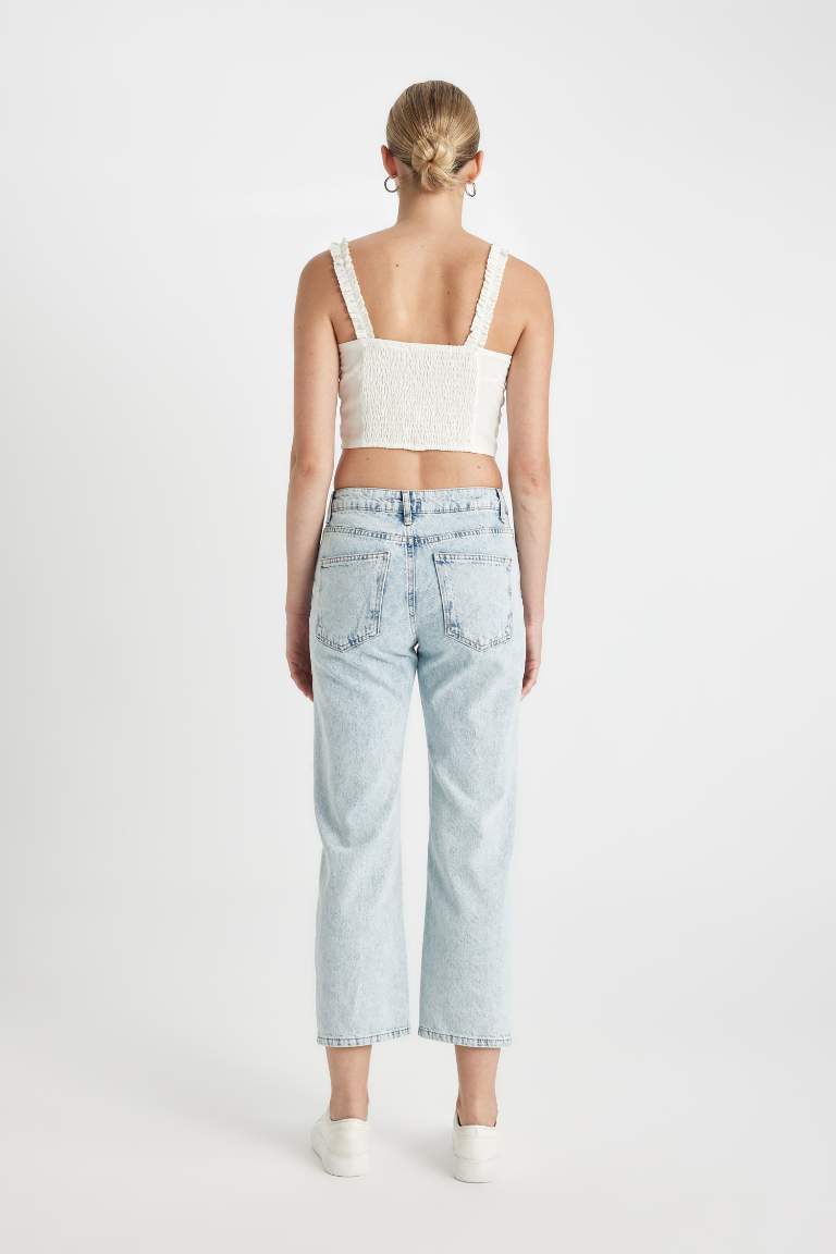 Straight Fit Normal Bel Bilek Boy Jean Yıkamalı Pantolon