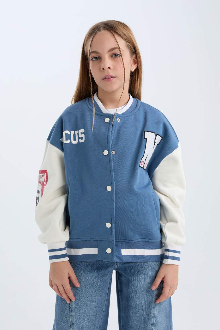 Girl Printed College Collar Thick Soft Furry Bomber Jacket