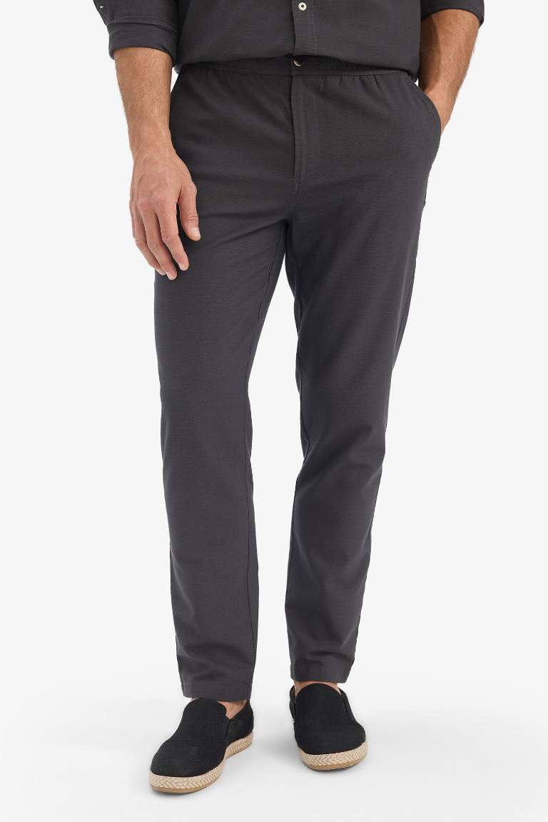 %100 Pamuk Slim Fit Dar Kesim Beli Lastikli Keten Görünümlü Cepli Düz Paça Jogger Pantolon