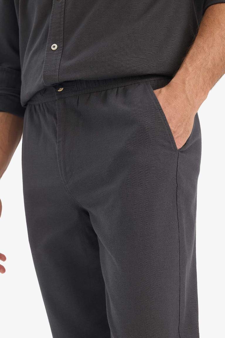 %100 Pamuk Slim Fit Dar Kesim Beli Lastikli Keten Görünümlü Cepli Düz Paça Jogger Pantolon