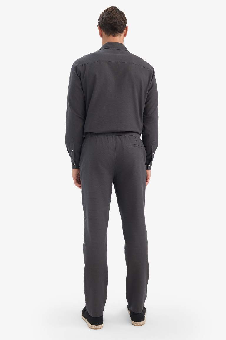 %100 Pamuk Slim Fit Dar Kesim Beli Lastikli Keten Görünümlü Cepli Düz Paça Jogger Pantolon