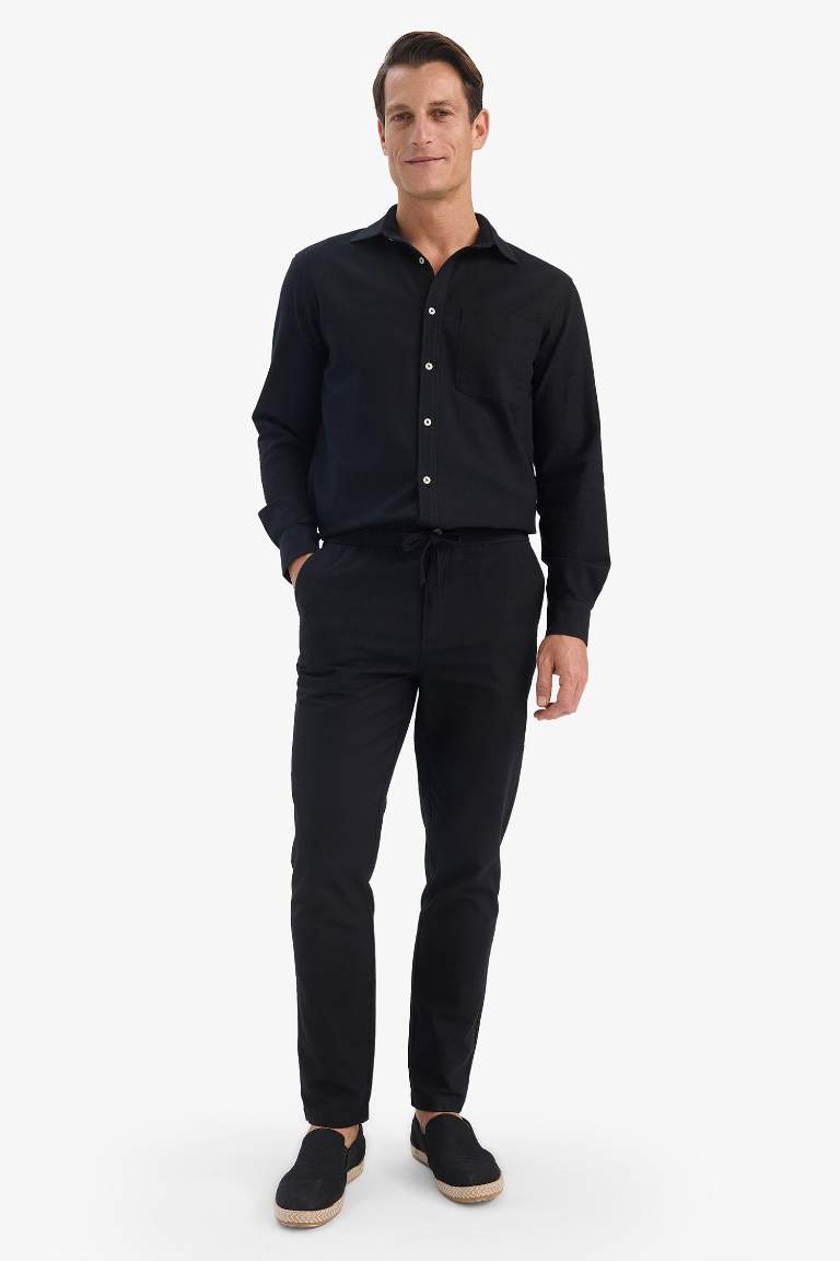 %100 Pamuk Keten Görünümlü Pantolon Beli Lastikli Slim Fit Dar Kesim Cepli Düz Paça