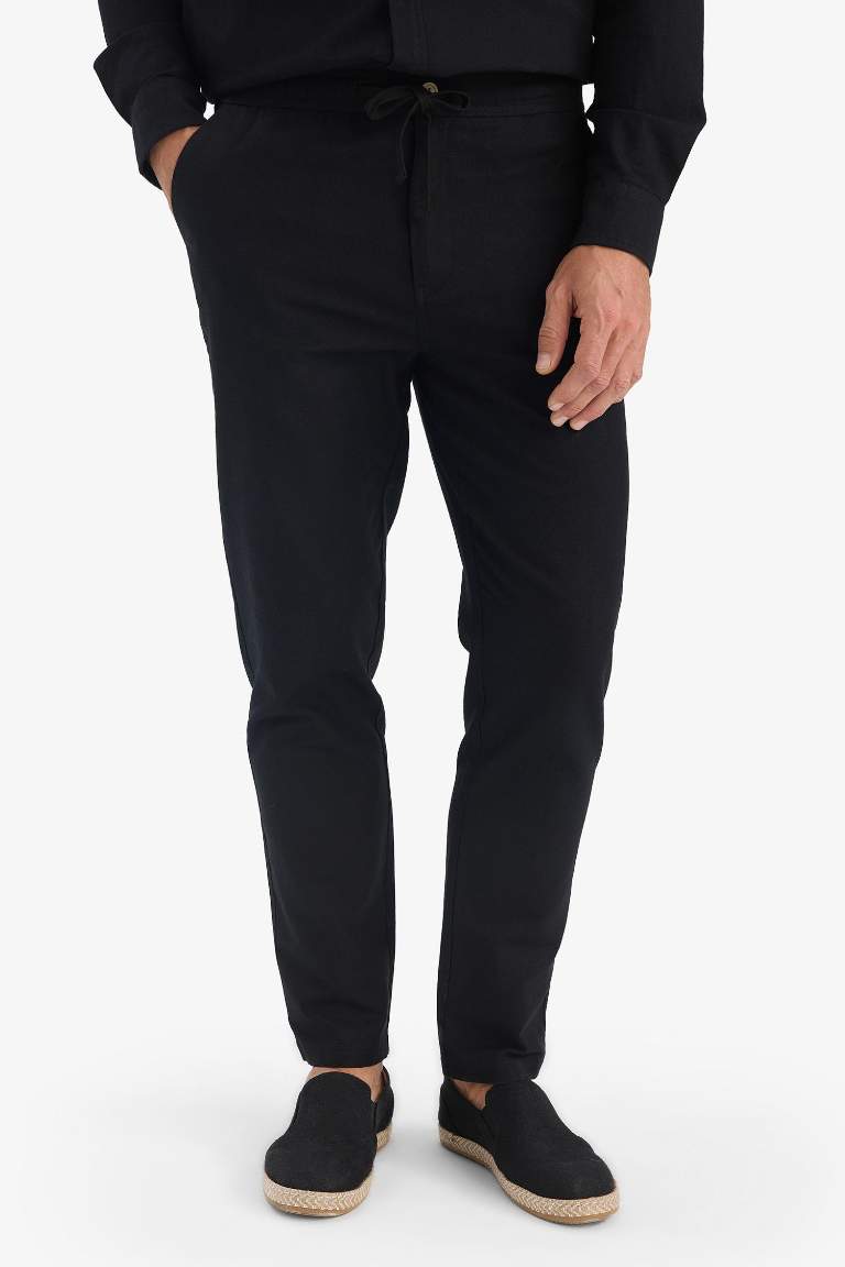 %100 Pamuk Keten Görünümlü Pantolon Beli Lastikli Slim Fit Dar Kesim Cepli Düz Paça