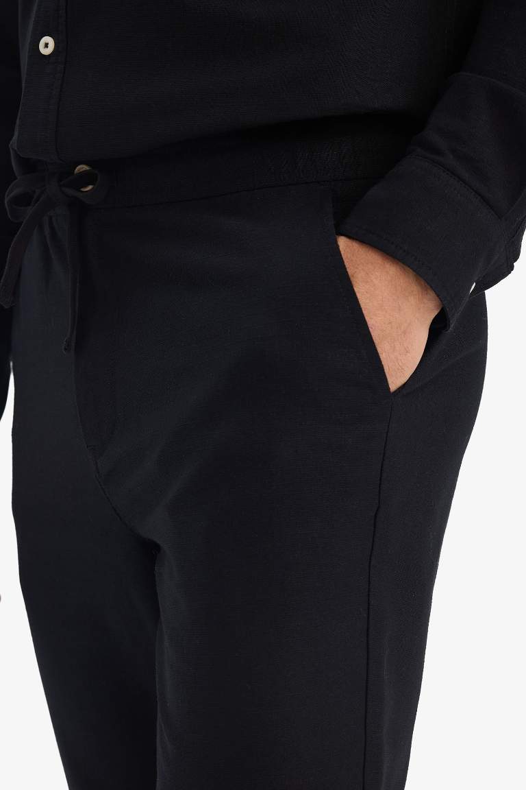 %100 Pamuk Keten Görünümlü Pantolon Beli Lastikli Slim Fit Dar Kesim Cepli Düz Paça
