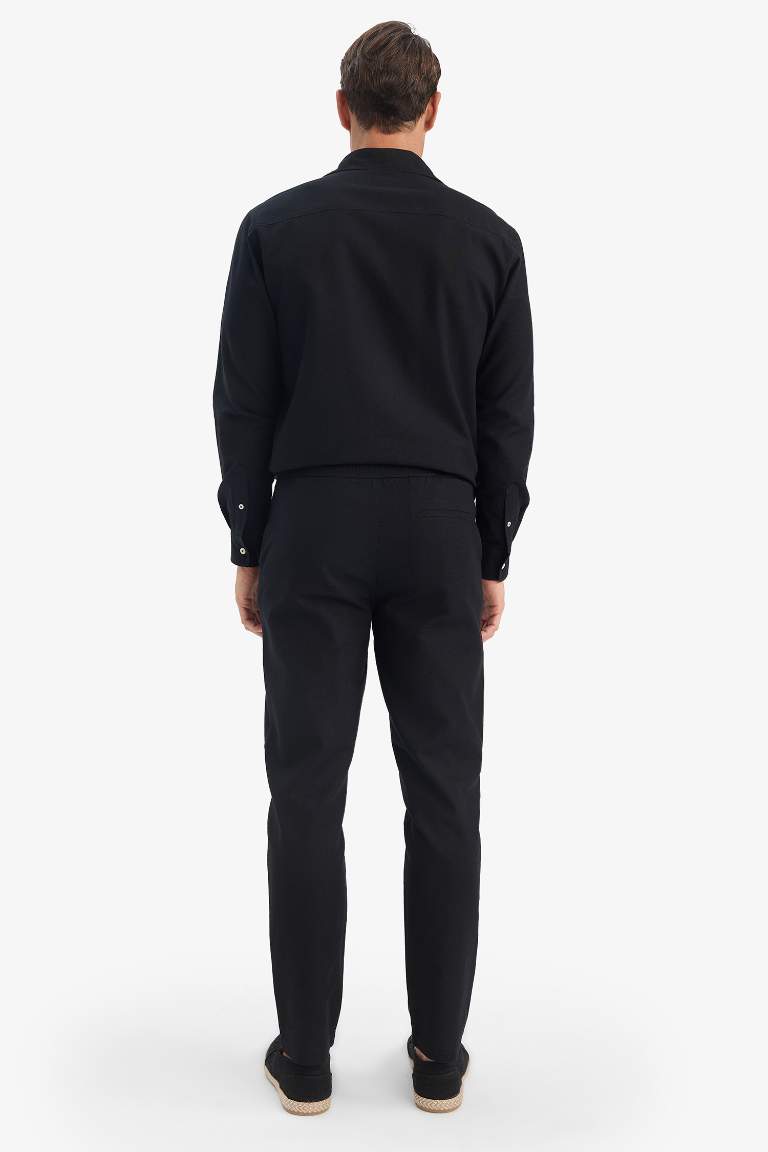 %100 Pamuk Keten Görünümlü Pantolon Beli Lastikli Slim Fit Dar Kesim Cepli Düz Paça