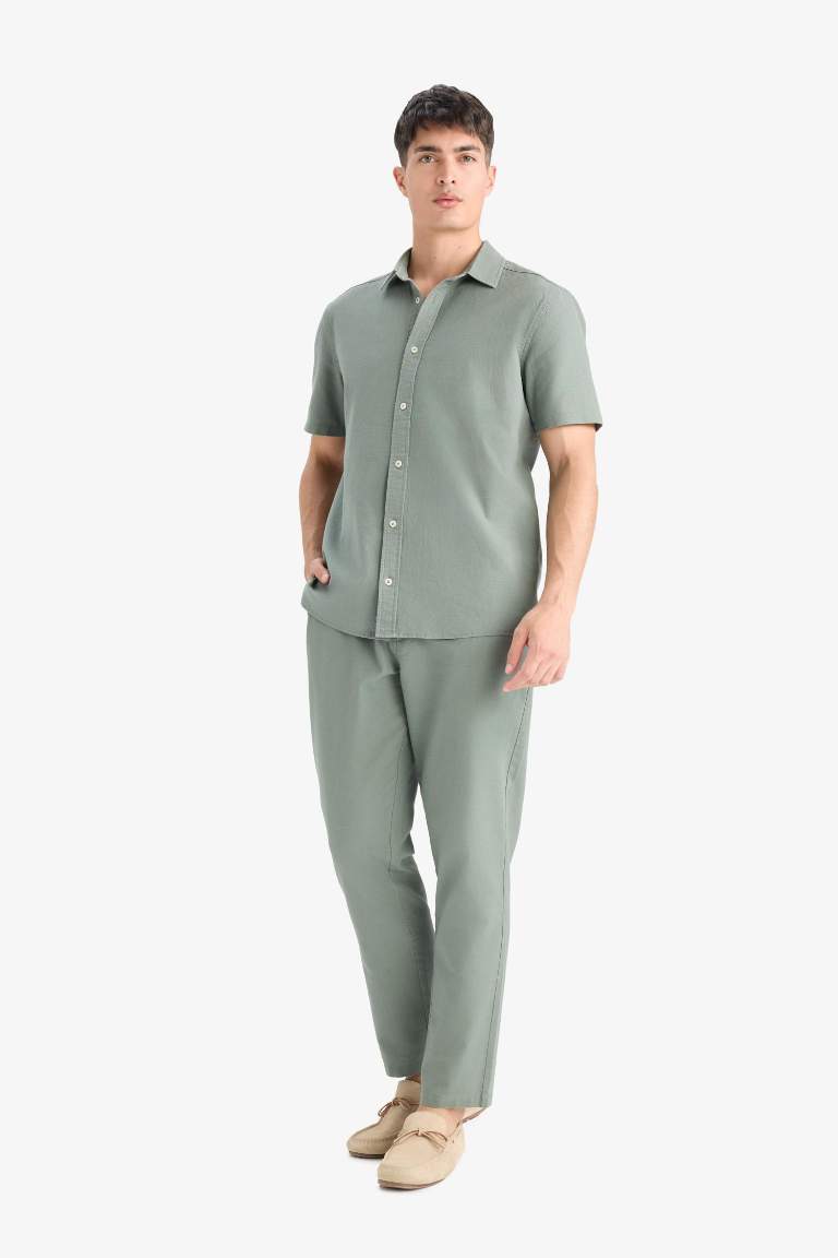 %100 Pamuk Slim Fit Beli Lastikli Keten Görünümlü Cepli Düz Paça Jogger Pantolon