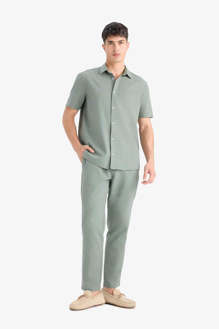 %100 Pamuk Slim Fit Beli Lastikli Keten Görünümlü Cepli Düz Paça Jogger Pantolon
