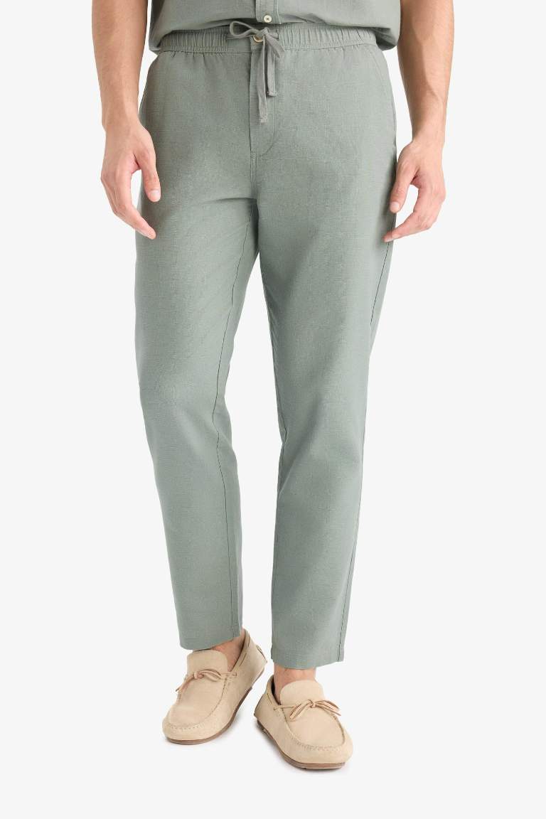 %100 Pamuk Slim Fit Beli Lastikli Keten Görünümlü Cepli Düz Paça Jogger Pantolon