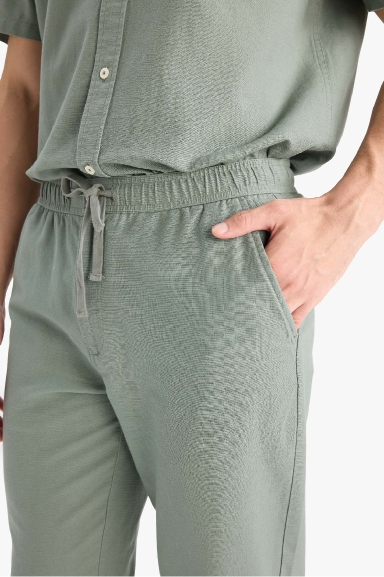 %100 Pamuk Slim Fit Beli Lastikli Keten Görünümlü Cepli Düz Paça Jogger Pantolon