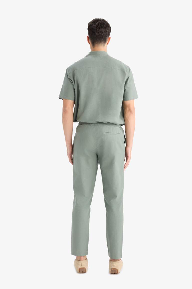%100 Pamuk Slim Fit Beli Lastikli Keten Görünümlü Cepli Düz Paça Jogger Pantolon