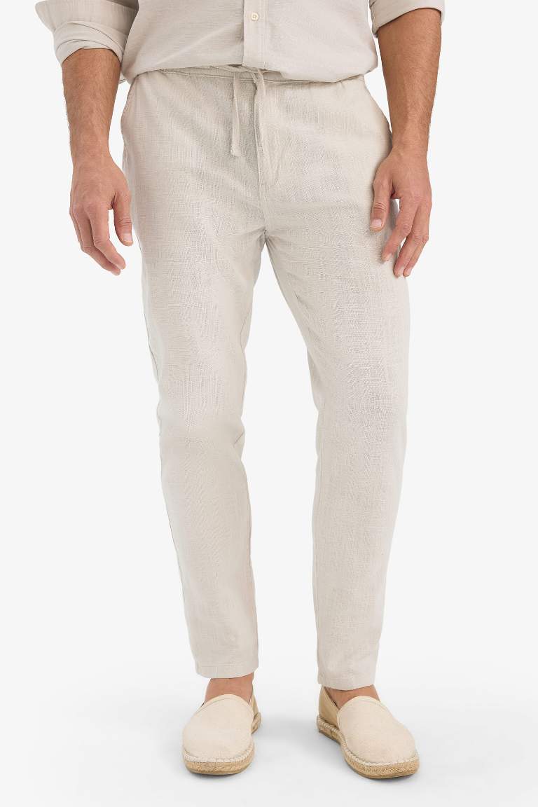 %100 Pamuk Yazlık Beli Lastikli Jogger Pantolon Slim Fit Dar Kesim Düz Paça Cepli