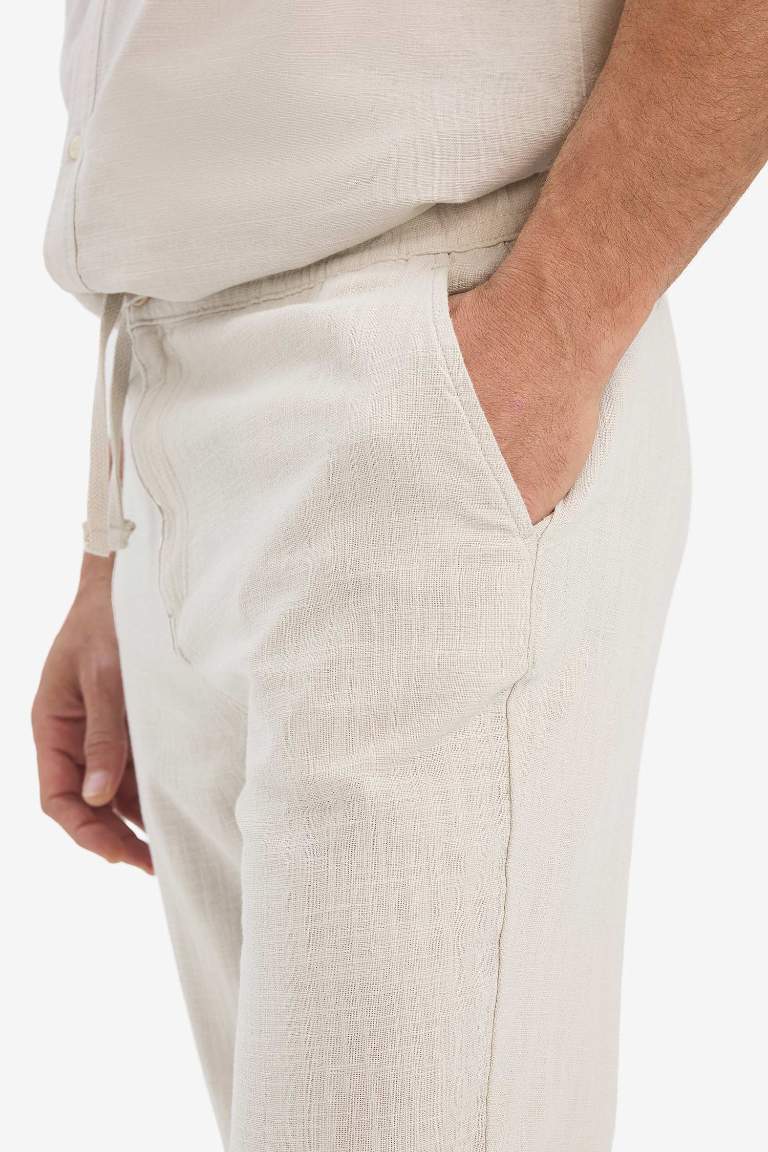 %100 Pamuk Yazlık Beli Lastikli Jogger Pantolon Slim Fit Dar Kesim Düz Paça Cepli