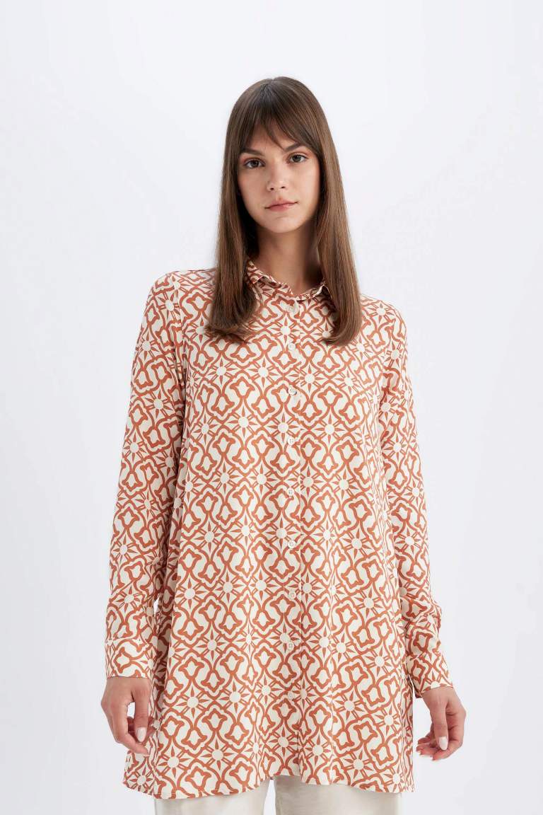 Chemise Tunique en Viscose coupe régulière à Manches Longues à Motifs