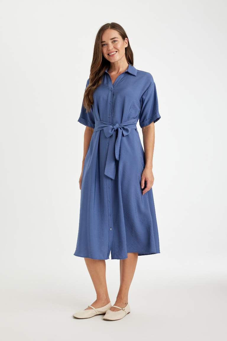 Shirt Collar Short Sleeve Belted Midi Dress