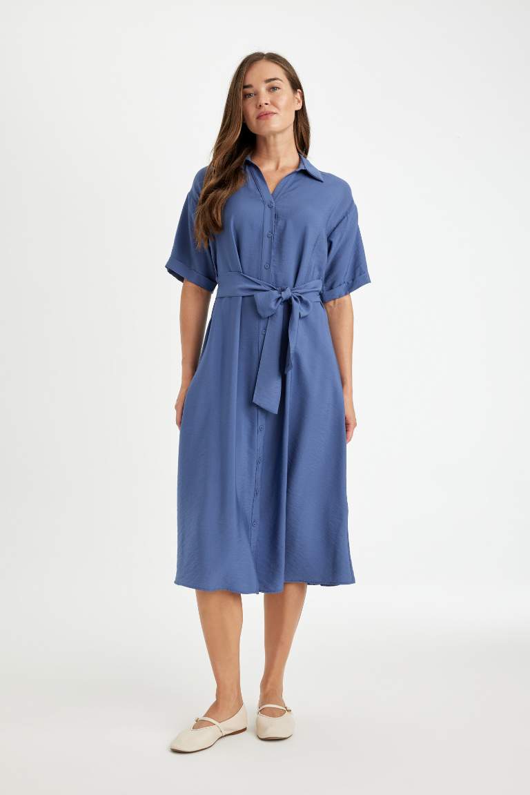 Shirt Collar Short Sleeve Belted Midi Dress