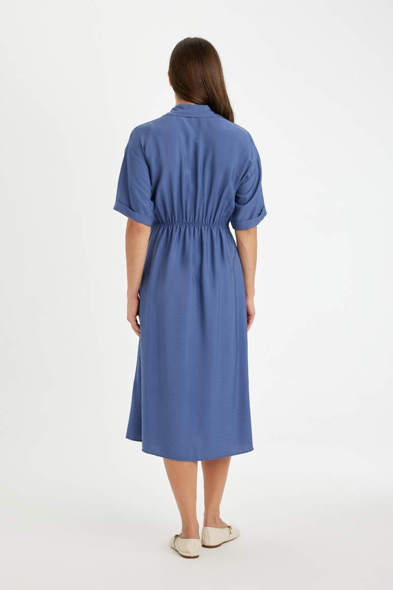 Shirt Collar Short Sleeve Belted Midi Dress