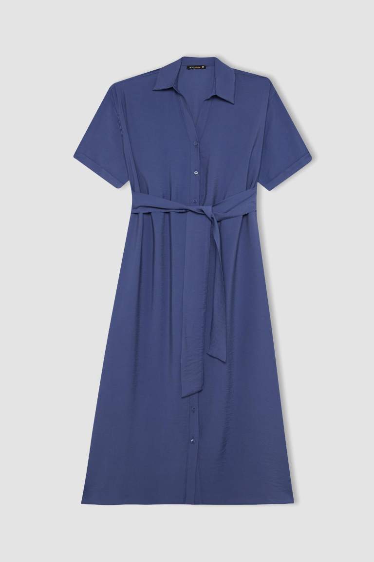 Shirt Collar Short Sleeve Belted Midi Dress