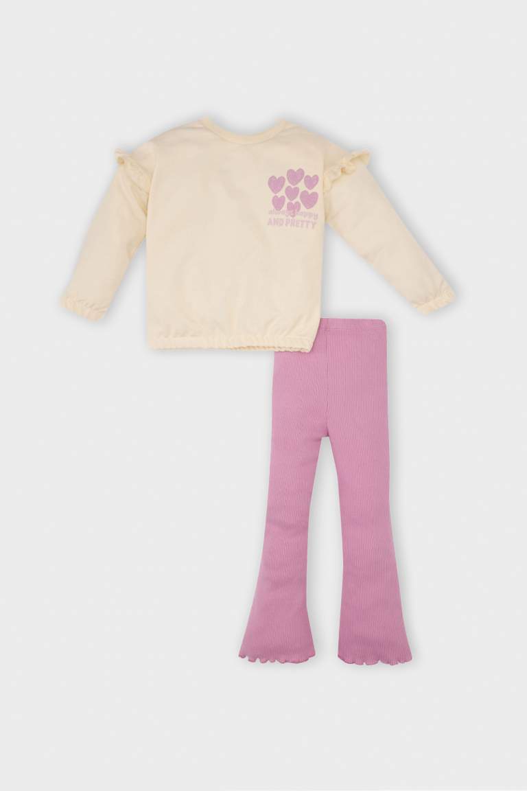 Kız Bebek 2'li Takım Kalp Desenli Sweatshirt Beli Lastikli İspanyol Paça Tayt