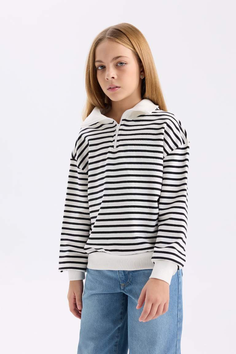 Girl Oversize Fit Half Zipper Striped Sweatshirt