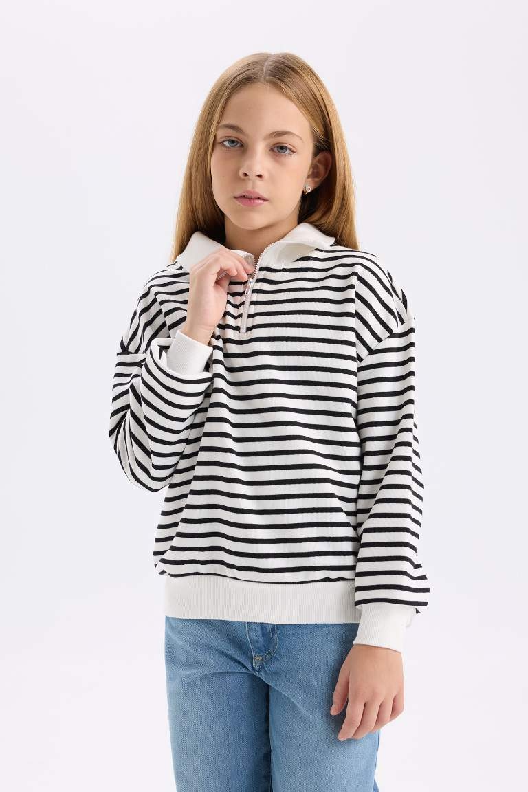 Girl Oversize Fit Half Zipper Striped Sweatshirt