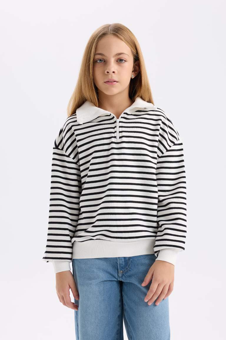 Girl Oversize Fit Half Zipper Striped Sweatshirt